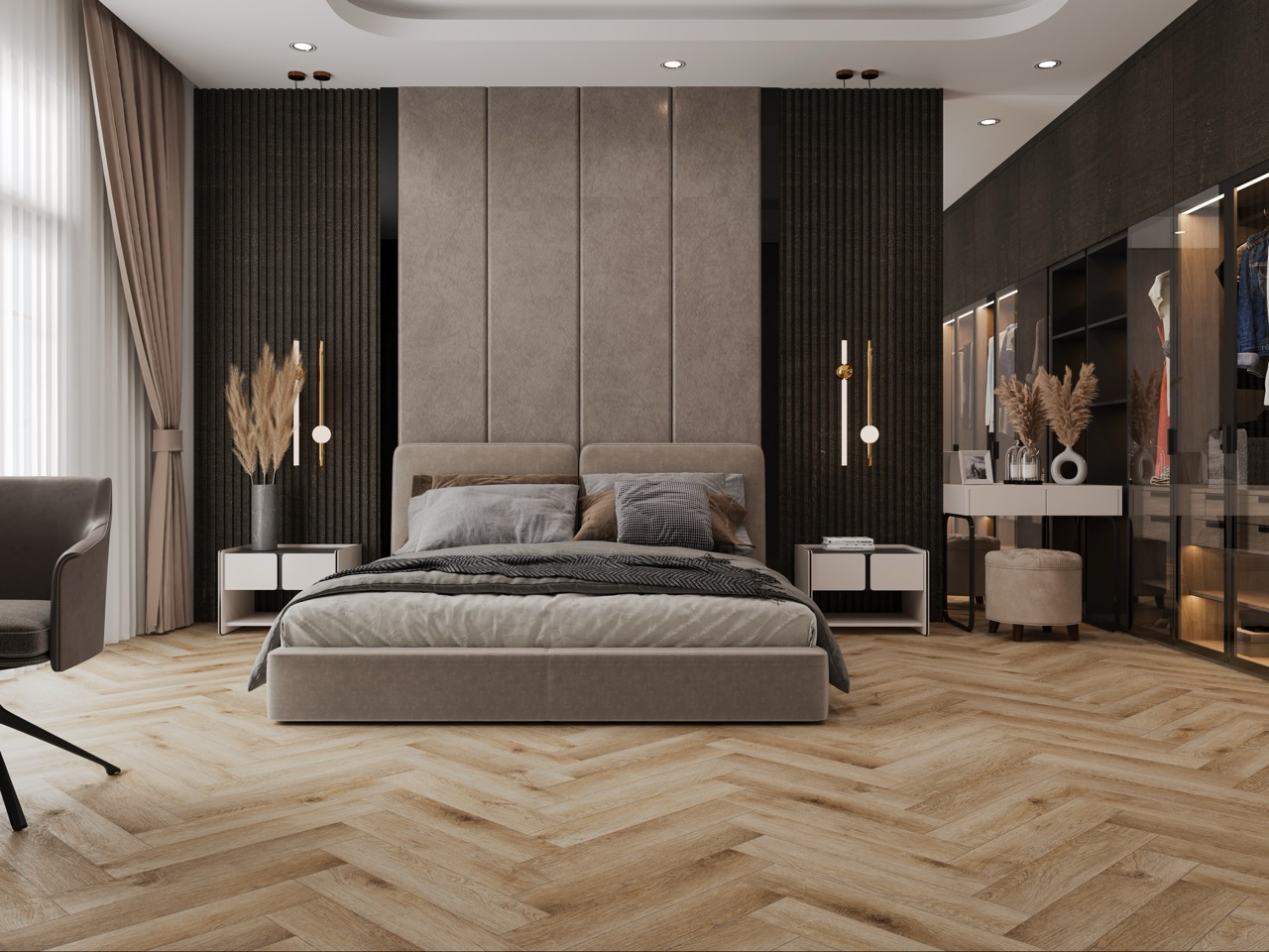 Кварцвиниловый SPC ламинат Cronafloor Herringbone Дуб Монпелье H004 венгерская елка 640×128×4,5 фото в интерьере